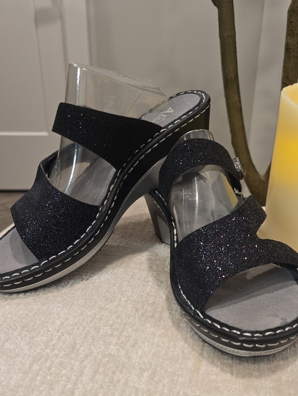 Alegria Sparkle Black Women's Slide Sandals - Comfort Heel